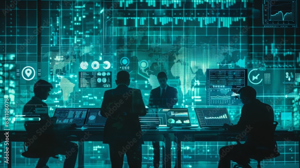 Poster a diverse group of individuals working on their laptops while sitting at a table in a modern office 