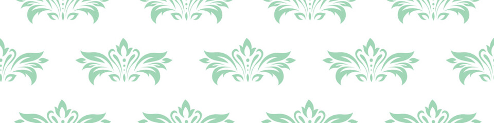 Vintage seamless plant pattern of light green stylized leaves, flowers and curls on white background. Retro style. Vector backdrop, texture for victorian wallpapers, wrapping paper, fabric