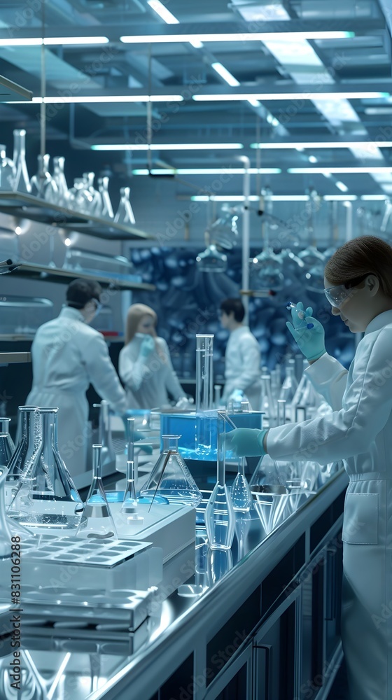 Poster modern laboratory setting with scientists conducting experiments