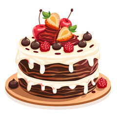 Delicious layered chocolate cake topped with fresh fruits and cream, perfect for celebrations and special occasions. Sweet and indulgent dessert.