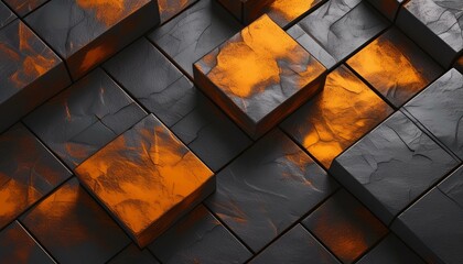 Dark gray and orange metal cubes with rusted textures, Dark abstract metal blocks with orange rust...