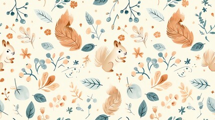 Soft pastel-colored seamless pattern with hand-drawn leaves, blooming flowers, and tiny foxes, showcasing a harmonious and enchanting design