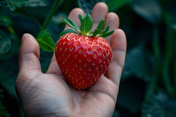Obraz premium Person holding strawberry in garden