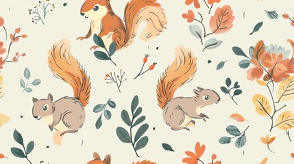 Obraz premium Soft pastel-colored seamless pattern with hand-drawn leaves, blooming flowers, and tiny foxes, showcasing a harmonious and enchanting design