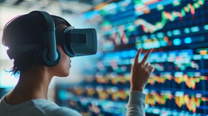 A woman is wearing a virtual reality headset while standing in front of a large wall displaying various data.