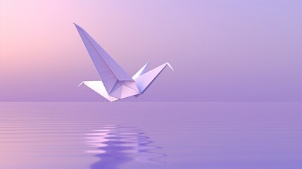 A minimalist 3D design featuring a single white origami bird flying across a smooth violet gradient background, creating a sense of calm and simplicity.
