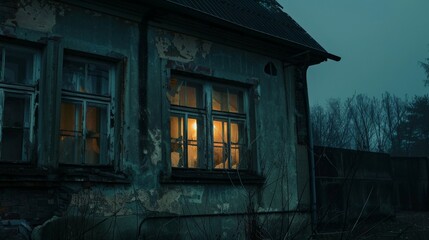 An abandoned building at night, with a faint light flickering in one of the broken windows