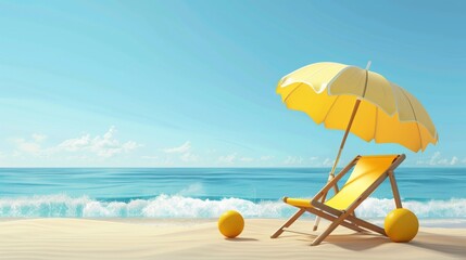 3d illustration summer vibes: chair, umbrella, and beach ball