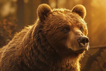 Obraz premium Majestic brown bear in a sunlit forest, capturing the essence of wildlife and the natural beauty of the wilderness.