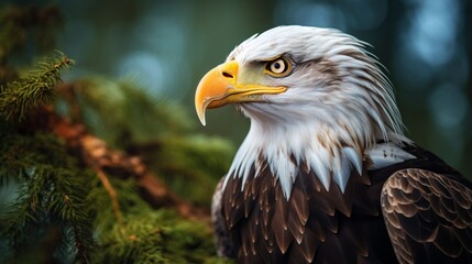 Obraz premium Majestic bald eagle perched on a tree branch against a blurred forest background, showcasing its powerful beak and striking feathers.