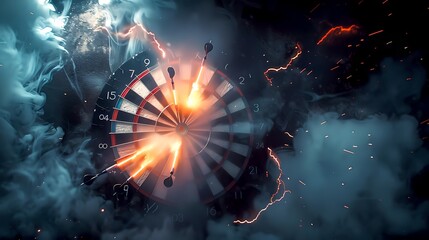 Target board with darts on fire in dark stormy clouds. Dramatic artistic concept. Eye-catching digital art with intense contrast. AI