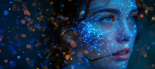 A woman gazes upward against a holographic networking cyber effect backdrop, surrounded by glowing virtual headset connections, Earth spheres, and luminous lines