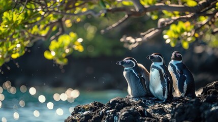 Galapagos Penguins basking in the sunlight - Powered by Adobe