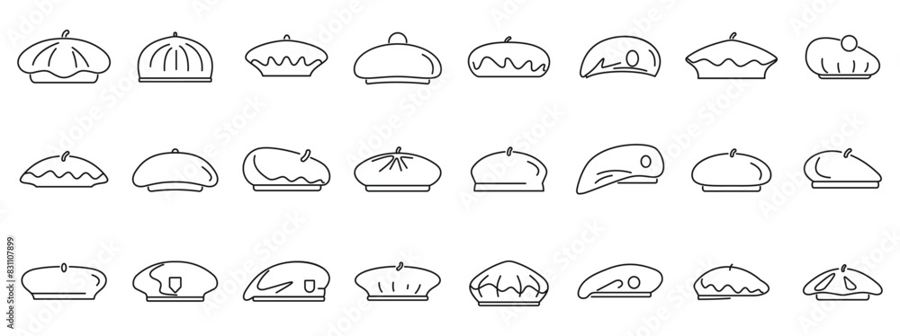 Poster beret icons set vector. a collection of hats in various styles and colors. the hats are all lined up