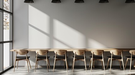 Modern minimalist office space with natural light, wooden chairs, and clean design elements. Ideal for business, coworking, and workspace concepts.