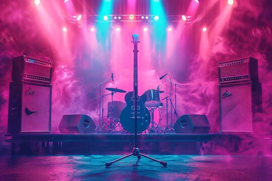 Music stage setup with guitar, amp, equipment