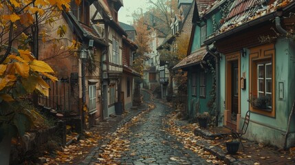 Fototapeta premium Quiet autumn village with pastel-painted houses and leaves on the cobblestone streets.