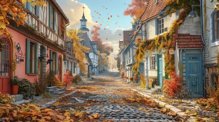 Fototapeta premium Quiet autumn village with pastel-painted houses and leaves on the cobblestone streets.