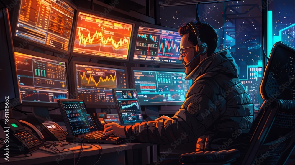 Poster a man is seated at a computer in a control room, monitoring processes and systems.