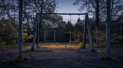 An abandoned playground at twilight, with swings moving slightly as if touched by invisible hands