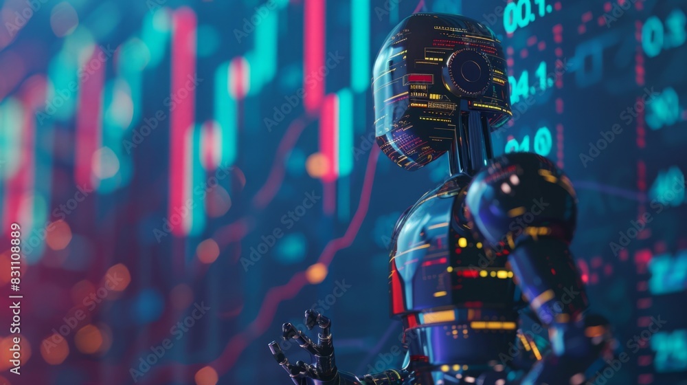 Poster a robot stands in front of a massive wall of data, processing information diligently.