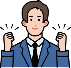 笑顔でガッツポーズをするスーツ姿の若い男性