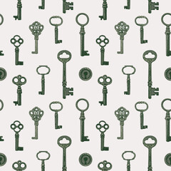 Seamless pattern with old wintage silver keys on white background. Vector repeating background in vintage style. Suitable for wallpaper, wrapping paper or fabric design