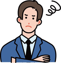腕組みをして困っているスーツ姿の若い男性