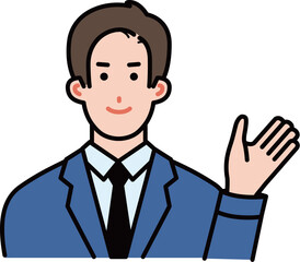 笑顔で案内するスーツの男性