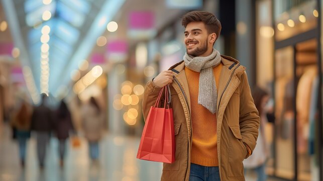 A man wearing trendy fashion with paper shopping bag, standing and smiling and looking at shopping mall 