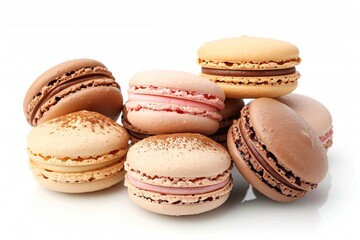 Neatly placed variety of macarons on white table