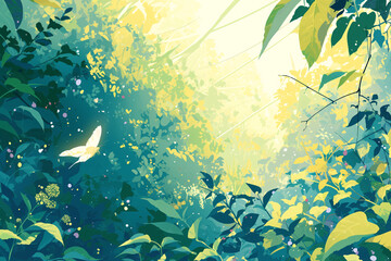 sunlit forest with a bird flying among lush green foliage creating a serene and magical atmosphere