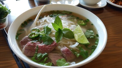 Dive into the fresh flavors of Vietnamese cuisine with a bowl of pho, a fragrant soup filled with rice noodles, tender beef, and an array of fresh herbs and spices.