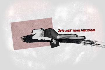 3D photo collage trend sketch image of black white silhouette headless young bulled lady lie down...