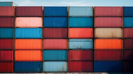 Obraz premium Stacked colorful shipping containers at a port, illustrating international trade, transport, logistics, and global commerce.