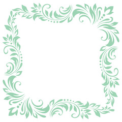 Square vintage frame, border of stylized leaves, flowers and curls in light green lines on white background. Vector backdrop, wallpaper