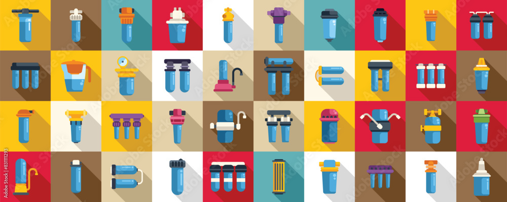 Aufkleber filter for water purification icons set vector. a collection of blue water filters with a red and ye