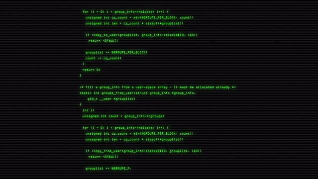 Green code text streaming on computer screen, showcasing a hacker attack or coding process design.
