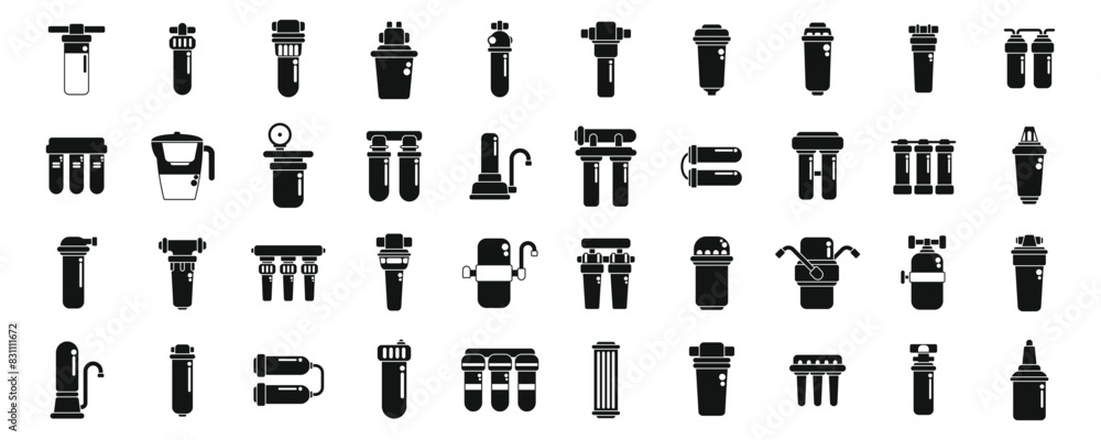 Poster filter for water purification icons set vector. a collection of black and white icons of various wat