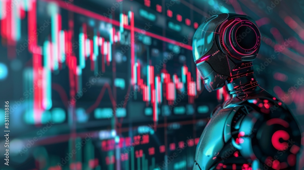 Poster a robot is standing in front of a stock chart, analyzing the data displayed.