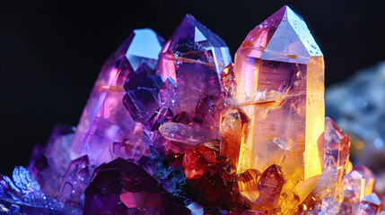 Vibrant crystal cluster with multicolored hues, illuminated against a dark background, exuding a mystical and enchanting aura.