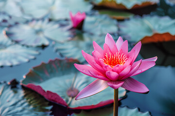 vibrant pink lotus flower against a serene pond
