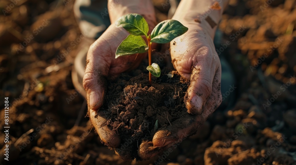 Poster close-up of hands holding a young tree sapling, ready to be planted in the soil, representing indivi