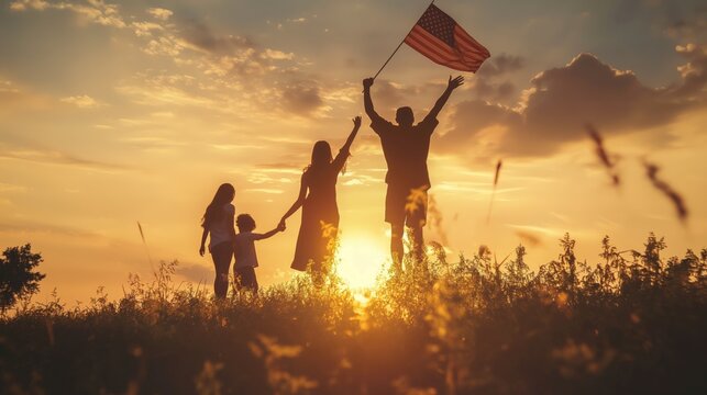 silhouette of a family in the sunset - Powered by Adobe