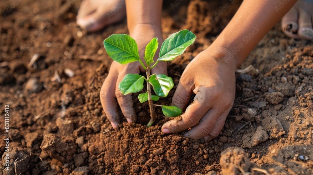 Poster close-up of hands holding a young tree sapling, ready to be planted in the soil, representing indivi