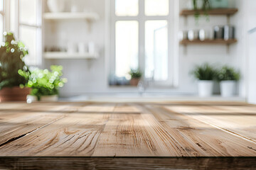 An empty wooden table against the background of a modern kitchen lit by light