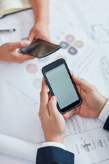 Hands, phone or business people meeting for paperwork, charts data analytics or teamwork. Mockup space, online review or consultants planning on mobile app screen in collaboration for project report