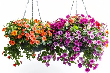 Colorful flowers in hanging baskets on white backdrop