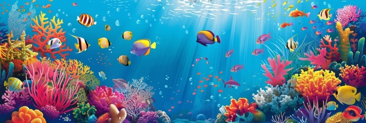 Fish and coral reefs under the sea. Underwater world with seaweeds and sea animals