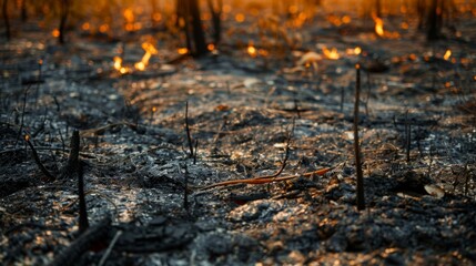 Fototapeta premium Close-up of scorched earth and burnt vegetation in a forest fire zone, demonstrating the environmental damage caused by wildfires